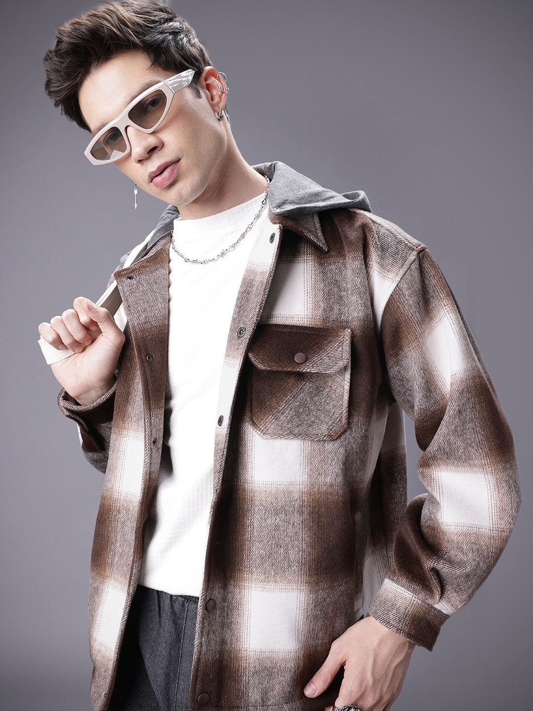 

SOKO STREET Checked Hooded Tailored Jacket, Brown