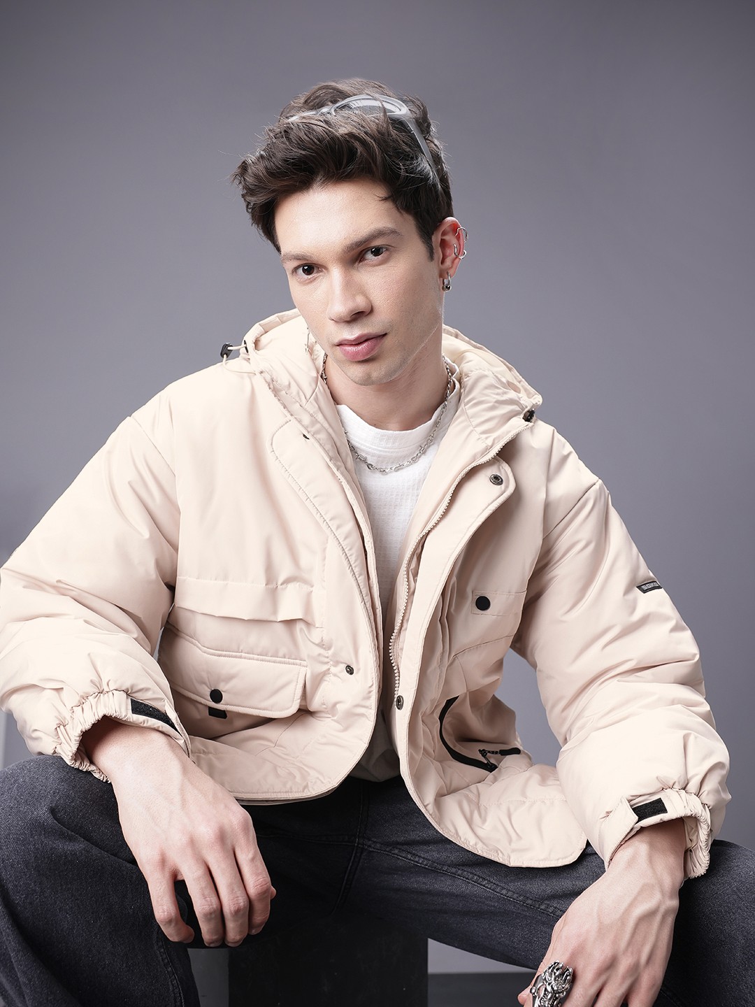 

SOKO STREET Solid Hooded Puffer Jacket, Cream