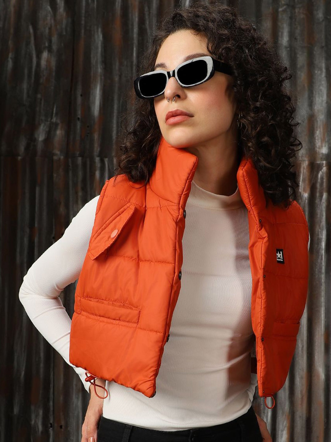 

High Star Women Mock Collar Solid Casual Padded Jacket, Orange