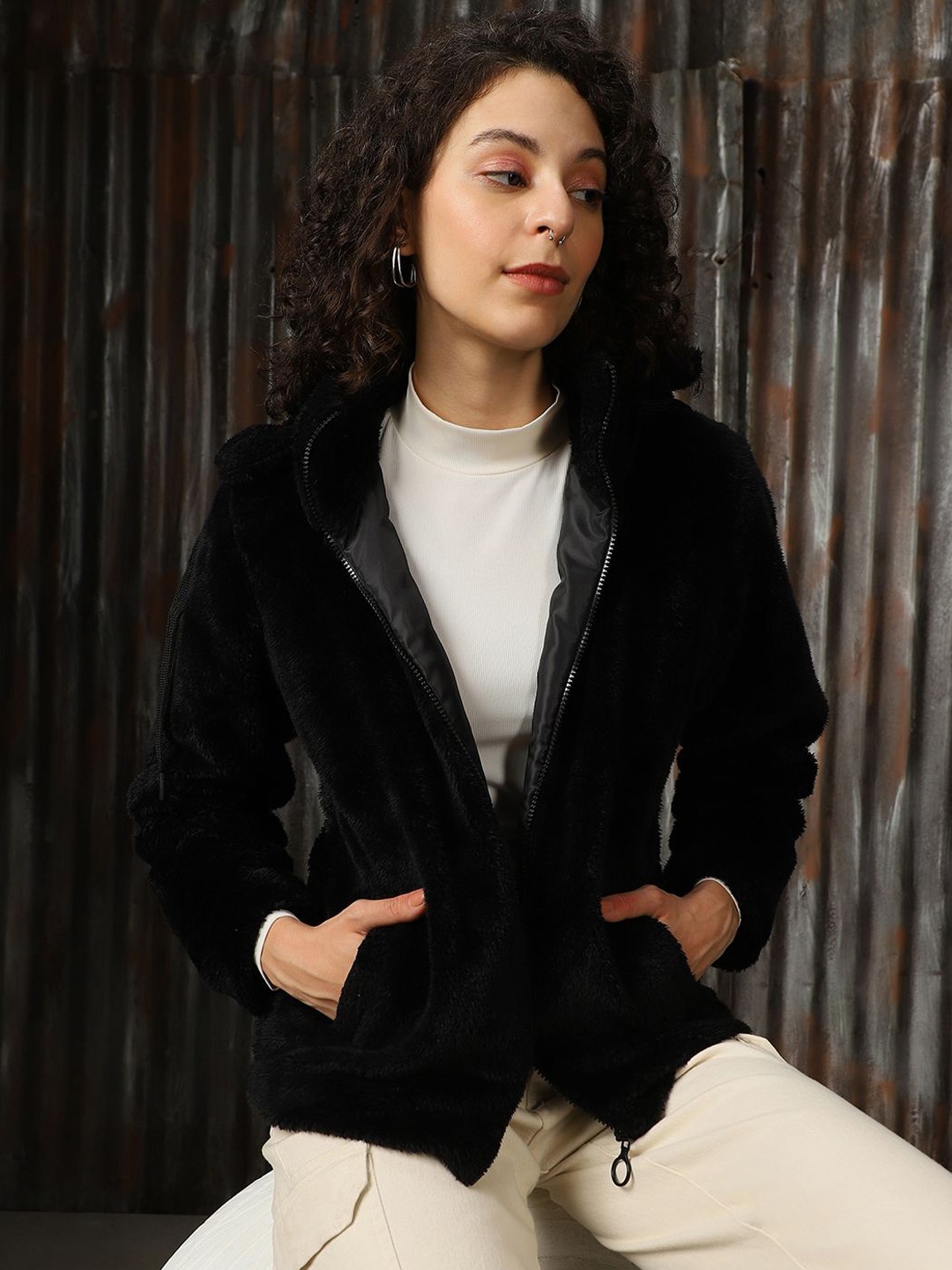 

High Star Women Hooded Solid Faux Fur Casual Tailored Jacket, Black