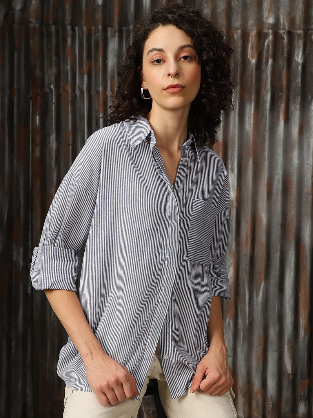 

High Star Women Relaxed Spread Collar Vertical Striped Cotton Oversized Casual Shirt, Blue