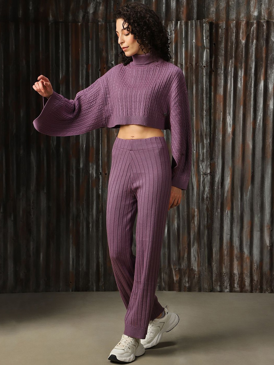 

High Star Cable Knit Acrylic Sweater & Trouser Co-Ords, Purple