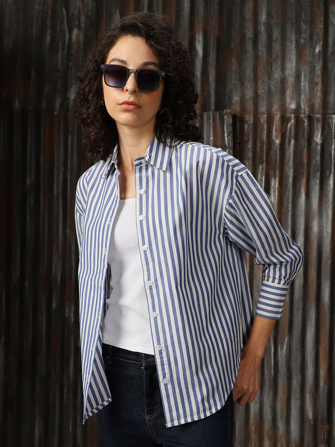 

High Star Women Relaxed Spread Collar Vertical Striped Cotton Oversized Casual Shirt, Blue