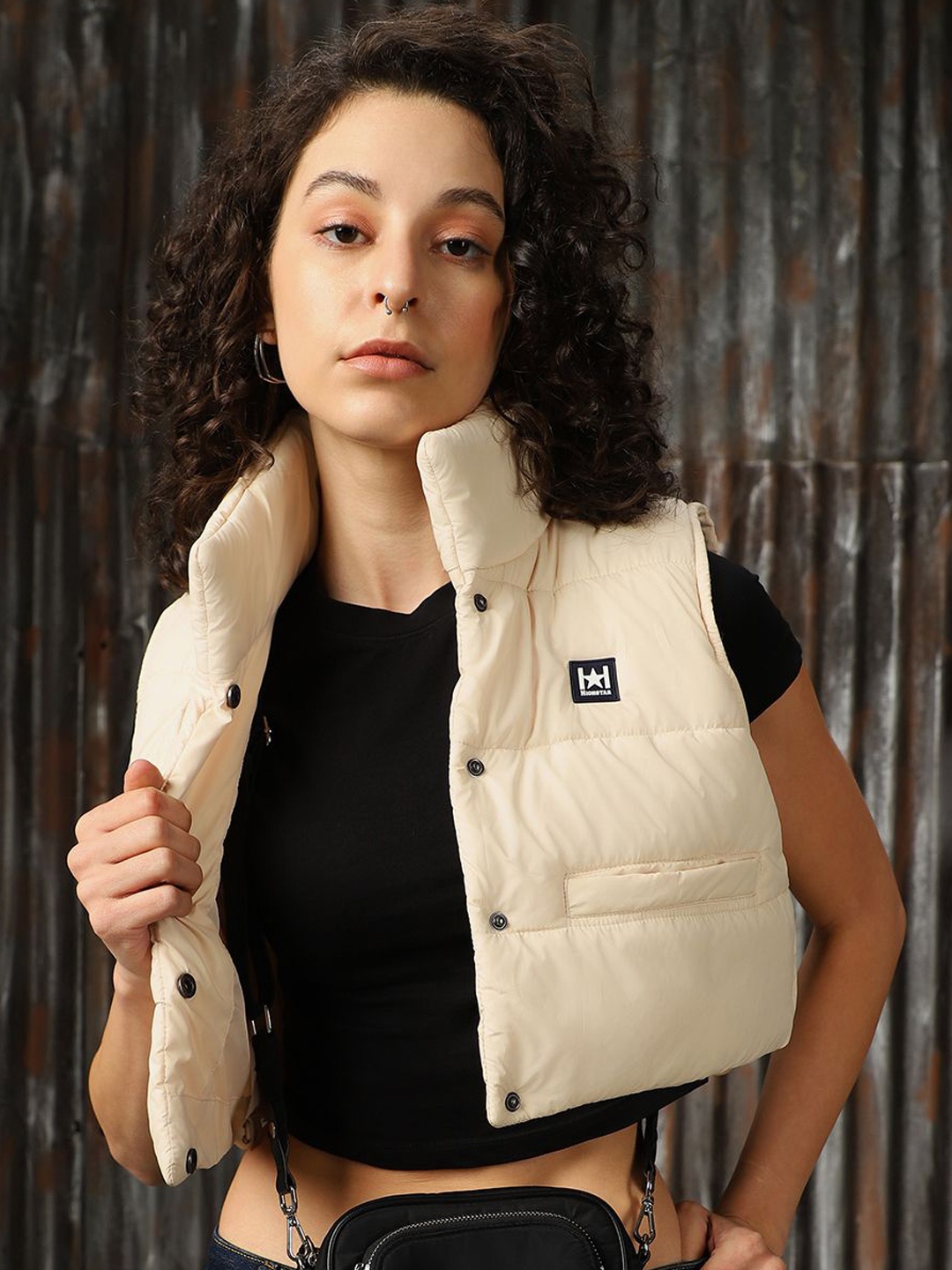 

High Star Women Mock Collar Solid Casual Padded Jacket, Beige