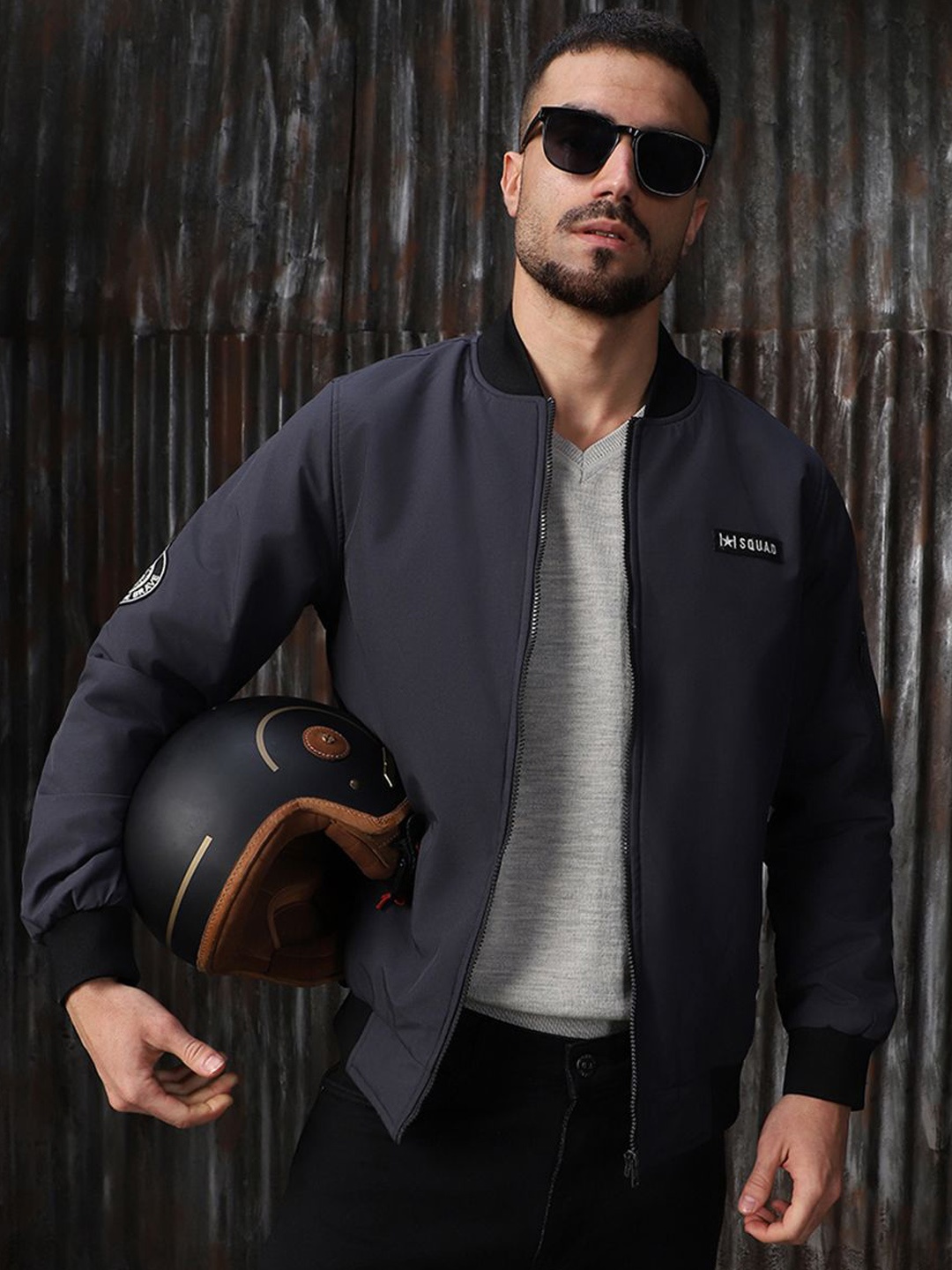 

High Star Men Stand Collar Typography Printed Casual Bomber Jacket, Grey
