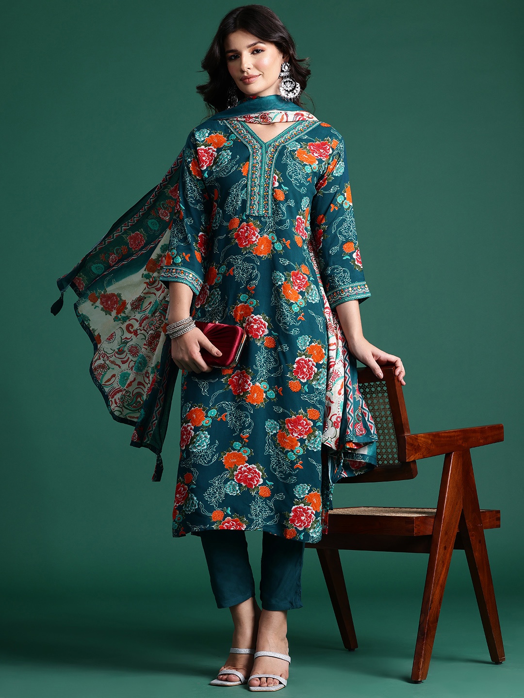 

Indo Era Floral Printed Mirror Work Kurta with Trousers & With Dupatta, Teal