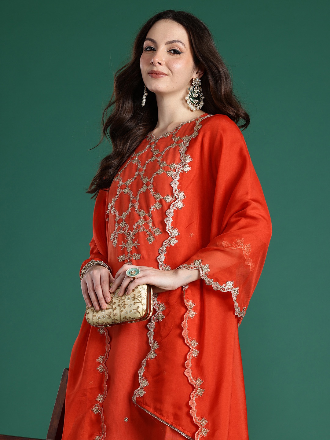 

Indo Era Floral Embroidered Kurta with Trousers & With Dupatta, Rust