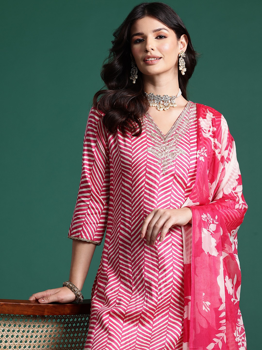 

Indo Era Chevron Printed Zari Pure Cotton Kurta with Trousers & With Dupatta, Pink
