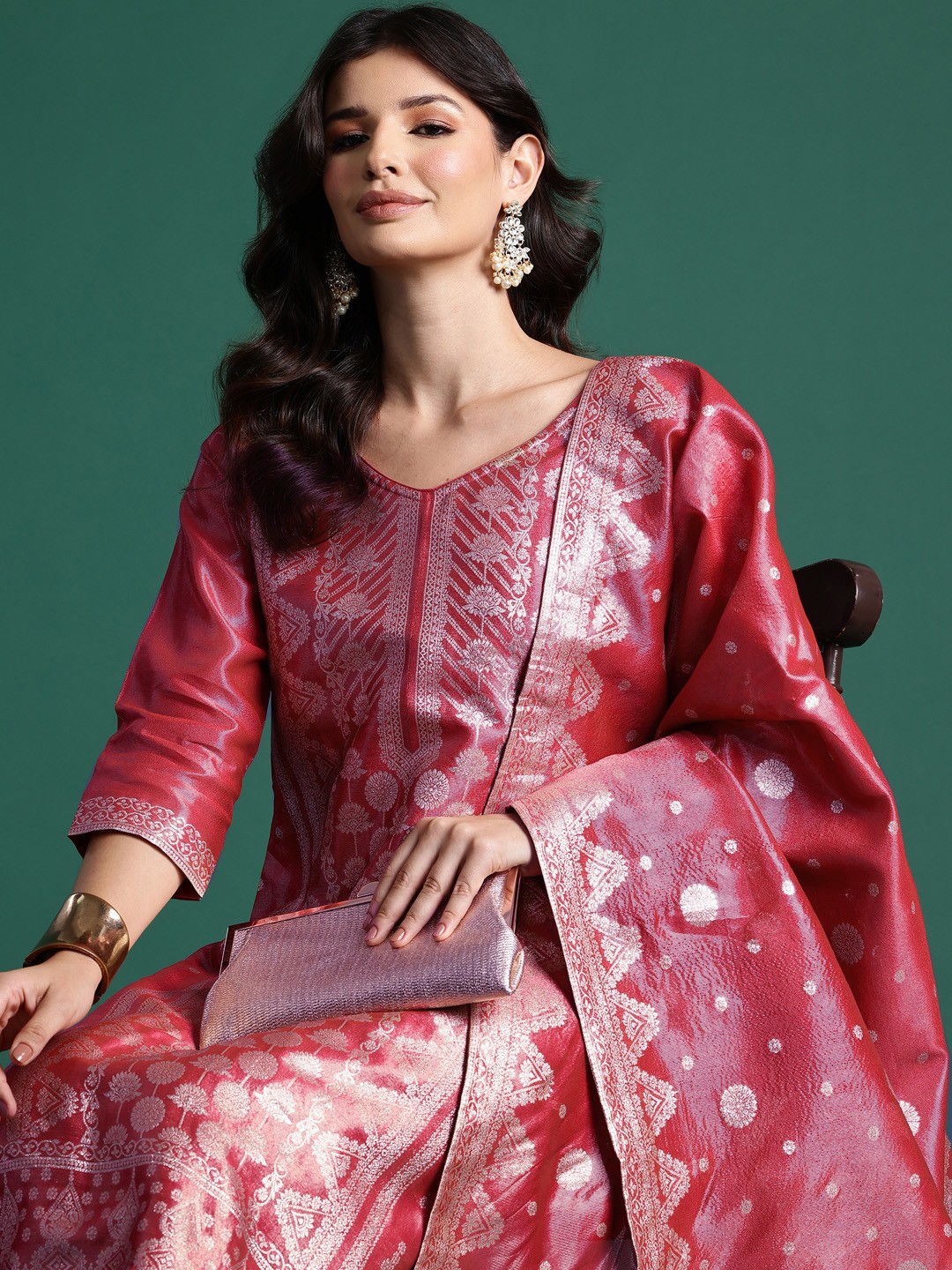 

Indo Era Women Ethnic Motifs Jacquard Zari Kurta with Trousers & With Dupatta, Pink