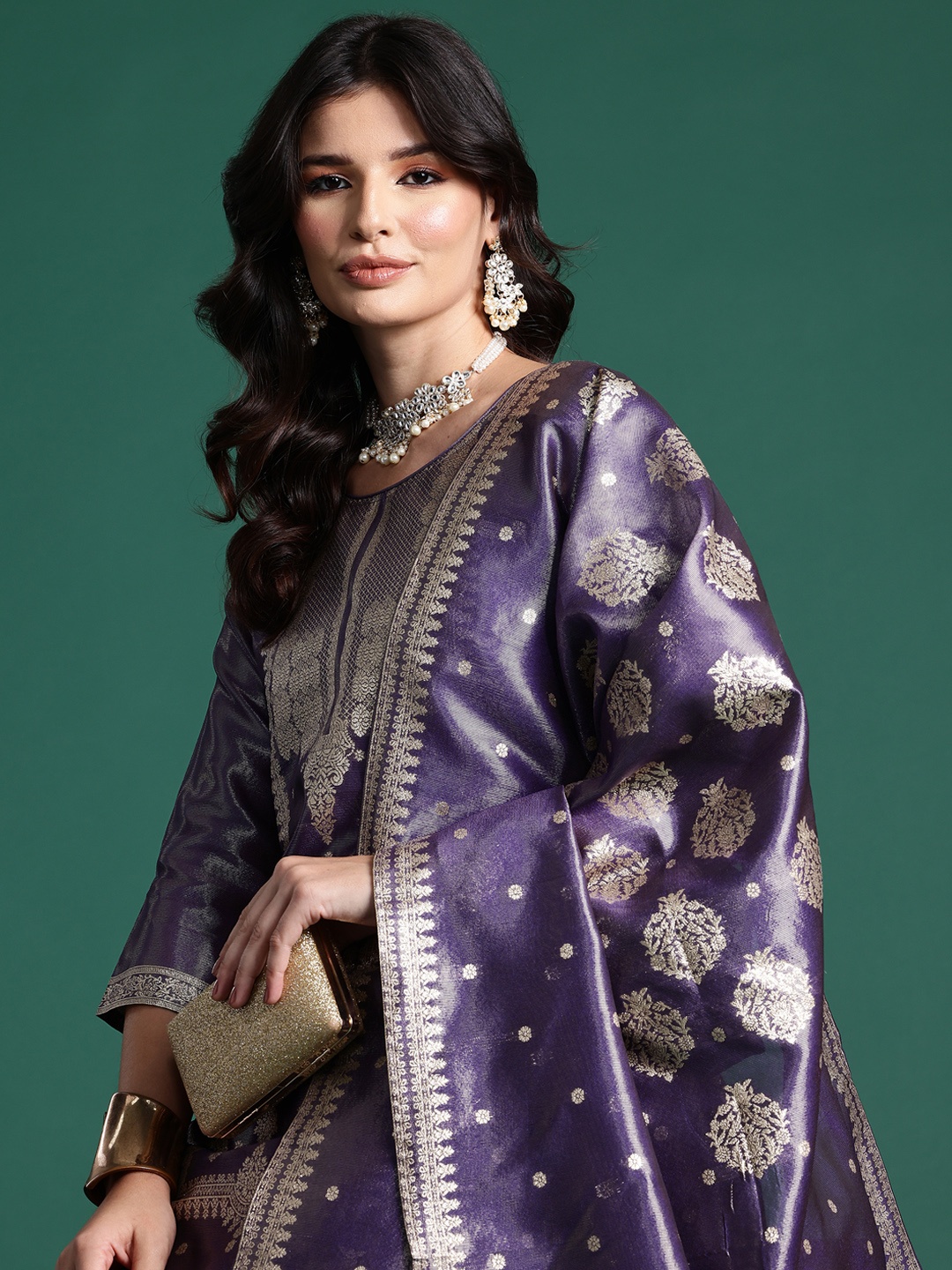 

Indo Era Women Ethnic Motifs Jacquard Zari Kurta with Trousers & With Dupatta, Purple