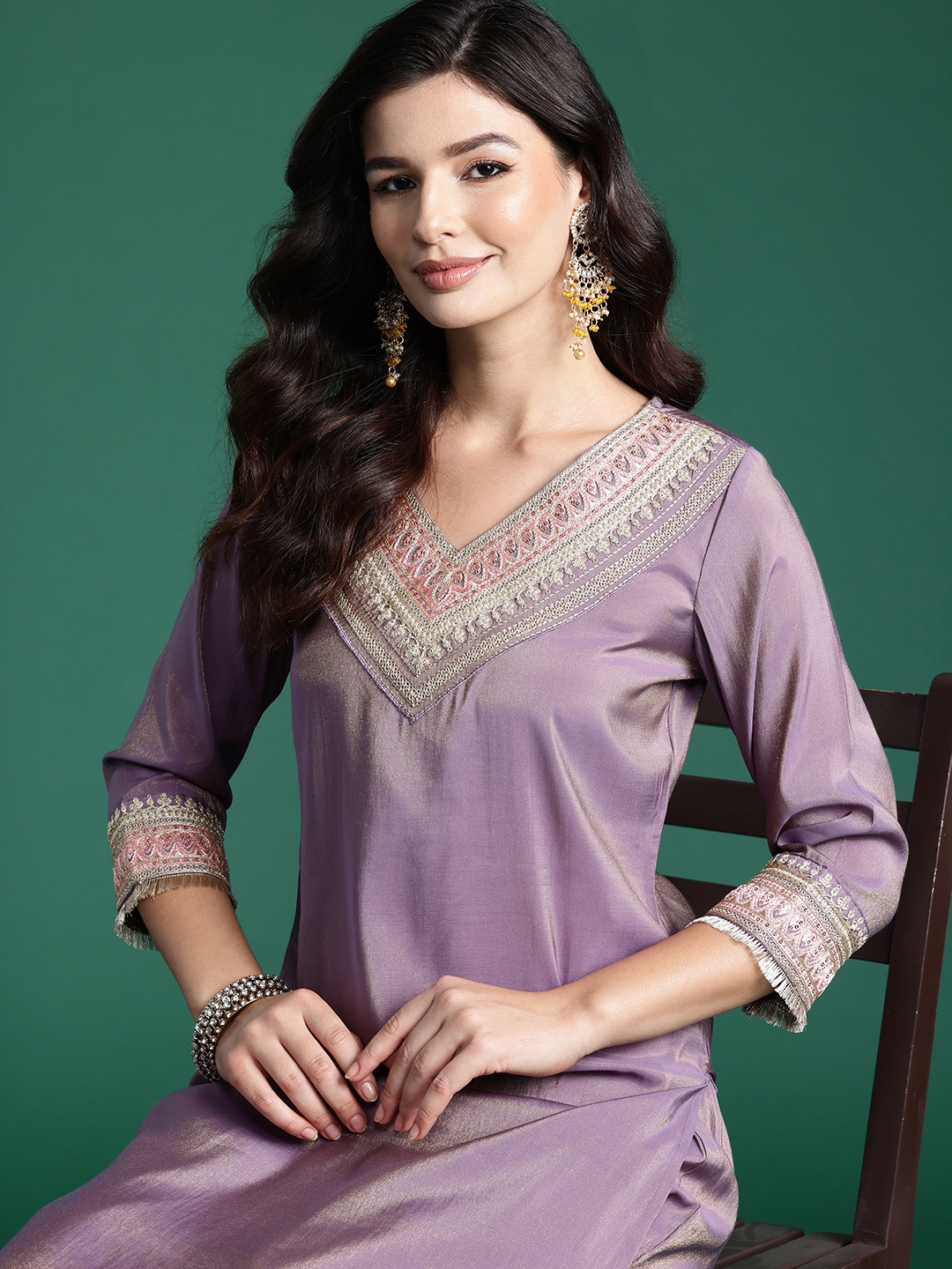 

Indo Era Ethnic Motifs Embroidered Sequinned Kurta With Trousers & Dupatta, Lavender