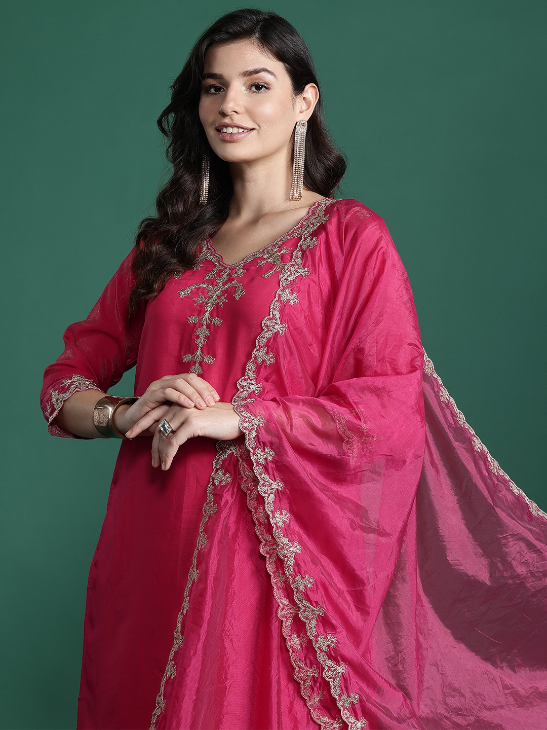 

Indo Era Ethnic Motifs Embroidered Kurta with Trousers & With Dupatta, Fuchsia