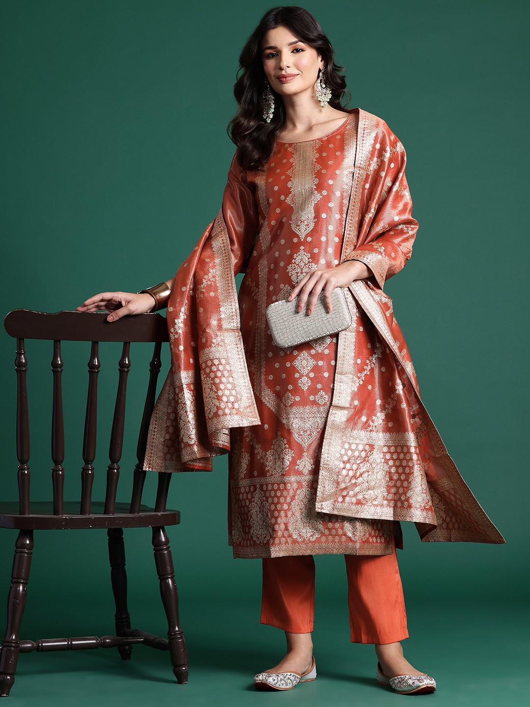 

Indo Era Women Ethnic Motifs Zari Kurta with Trousers & With Dupatta, Orange