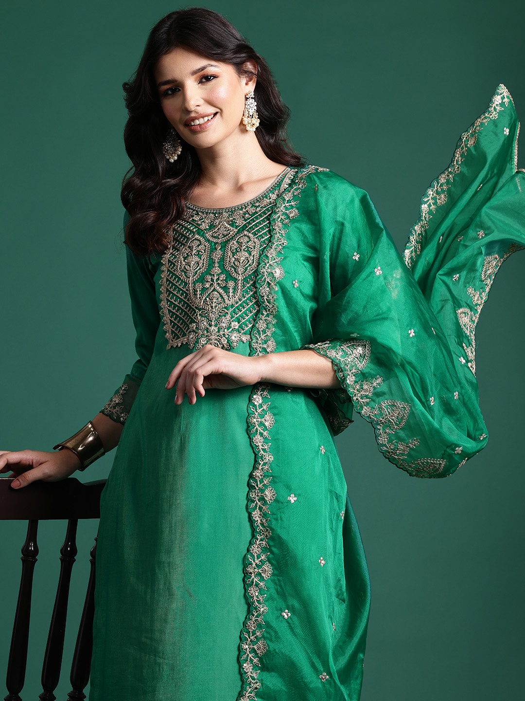 

Indo Era Ethnic Motifs Zari Embroidered Kurta with Trousers & With Dupatta, Green