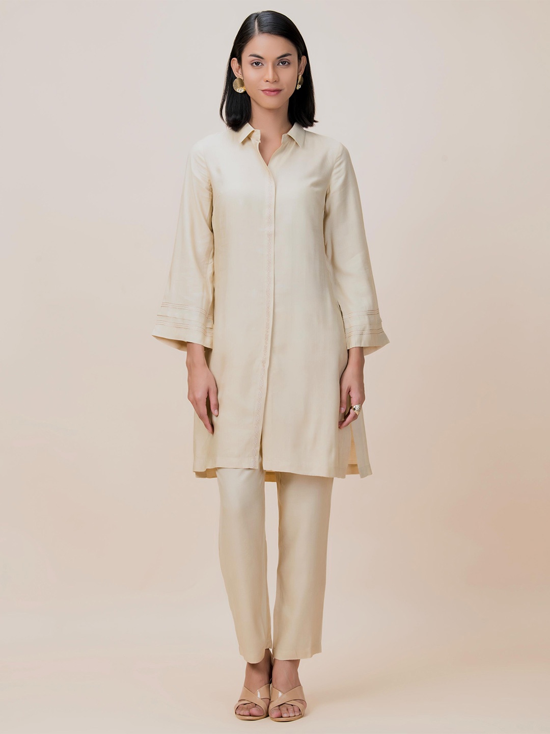 

BARARA ETHNIC Shirt Collar Tunic with Trousers, Cream
