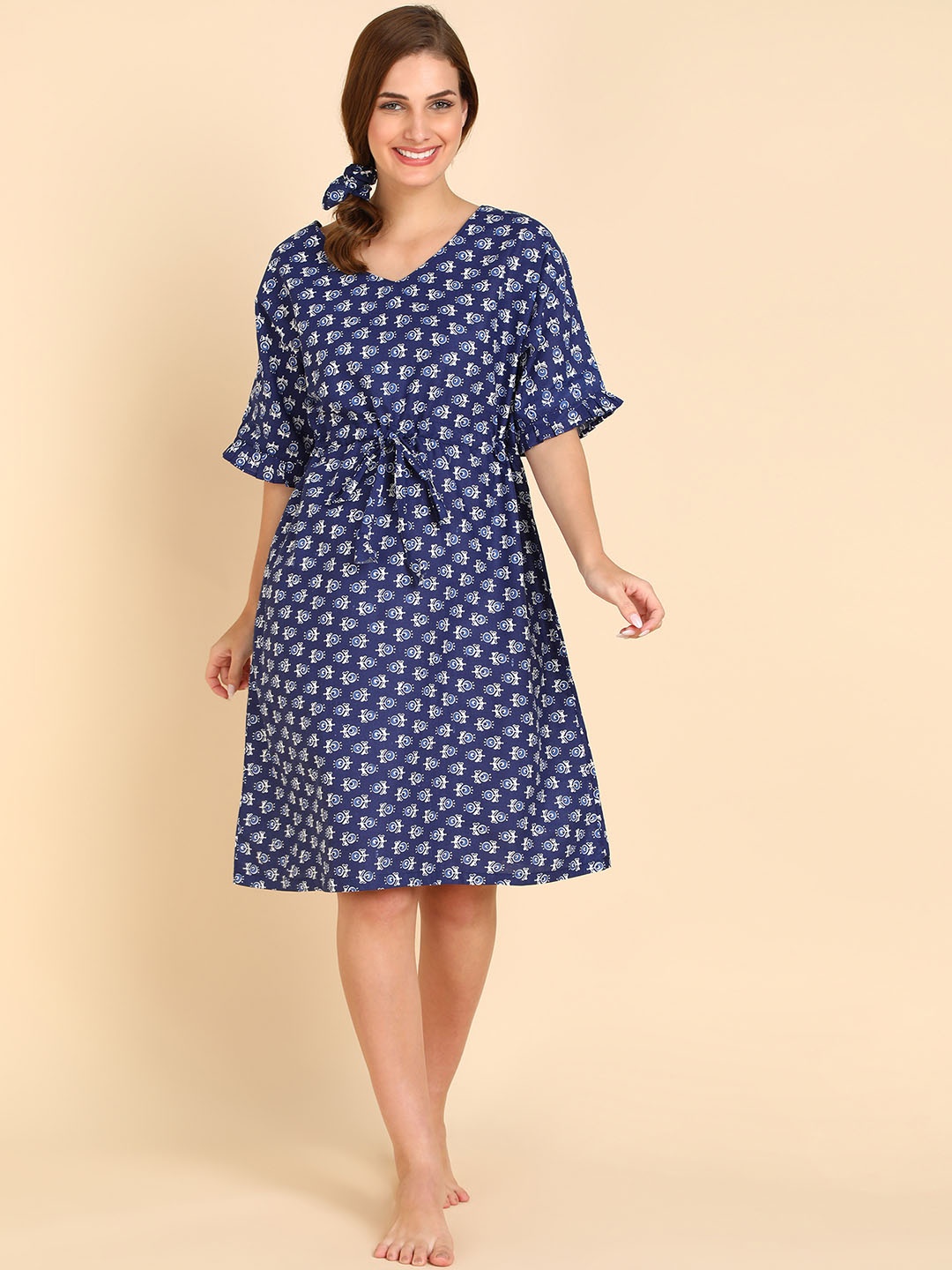 

Aartej Women Printed V - Neck Nightdress, Navy blue