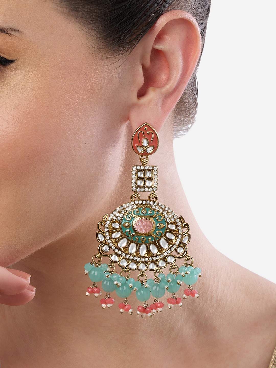 

Zaveri Pearls Gold-Plated Kundan Stone Studded & Beaded Meenakari Drop Earrings