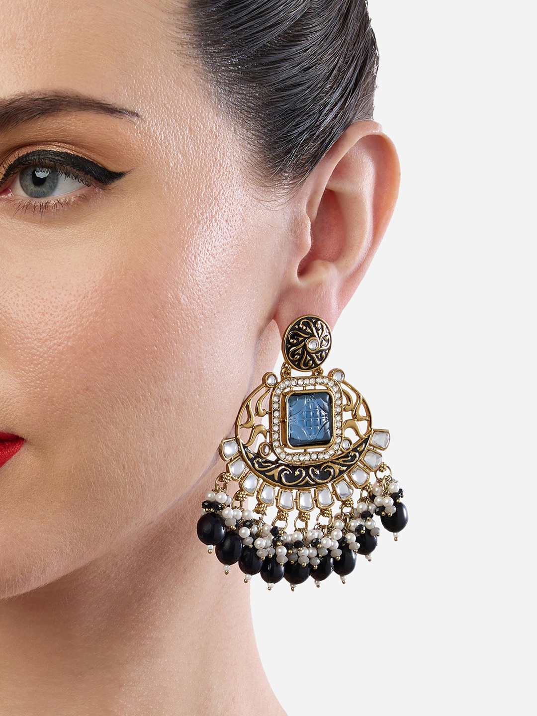 

Zaveri Pearls Gold-Plated Kundan Stone Studded & Beaded Meenakari Drop Earrings