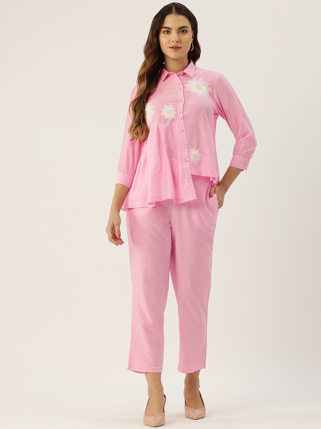 

MISRI Floral Embroidered Asymmetrical Shirt & Trousers Co-Ord Set, Pink