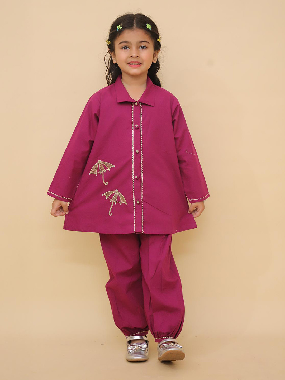 

LITTLE GINNIE Girls Floral Embroidered Shirt Collar Clothing Set, Maroon
