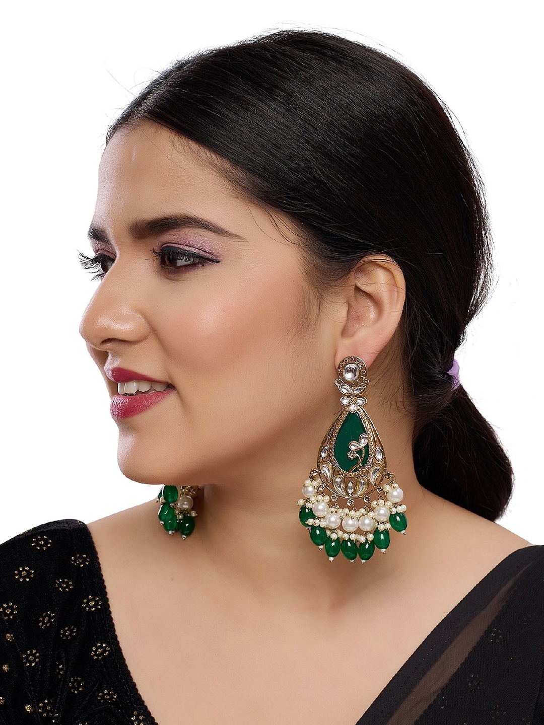 

Rhymee Gold-Plated Kundan Beaded Drop Earrings, Green