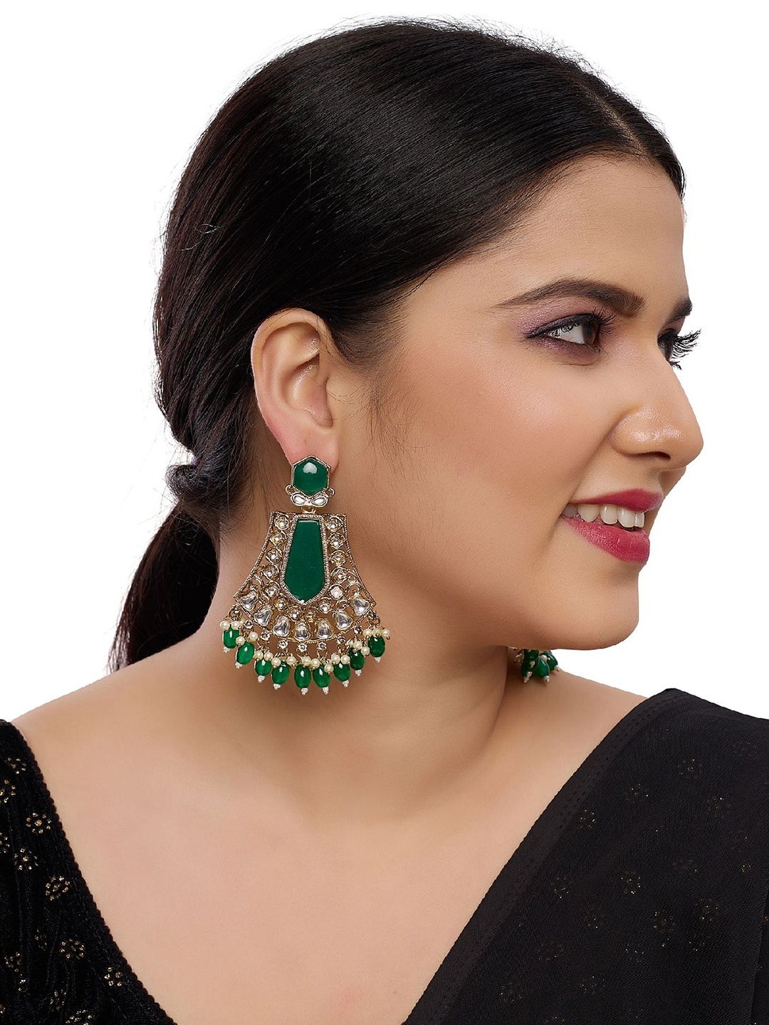 

Rhymee Gold-Plated Kundan And Beaded Drop Earrings, Green