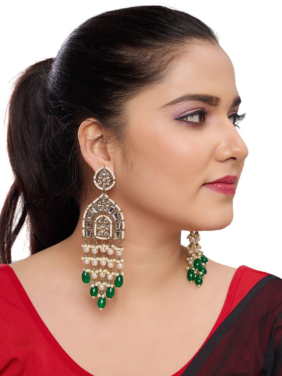 

Rhymee Gold-Plated Contemporary Kundan Beaded Drop Earrings, Green