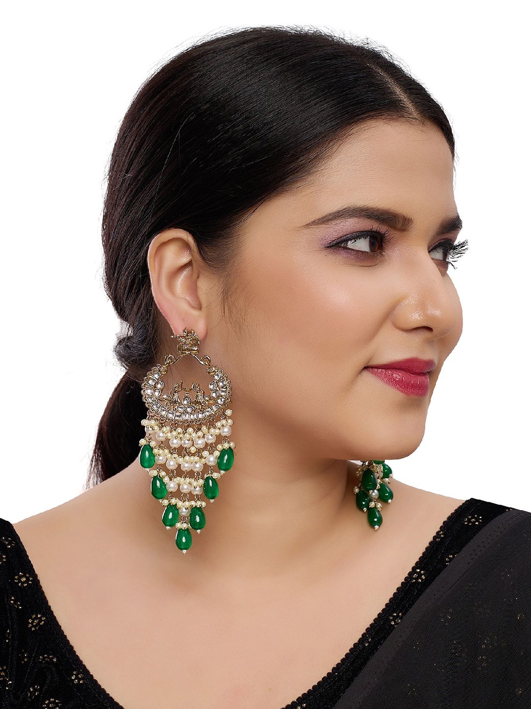 

Rhymee Gold-Plated Kundan Beaded Drop Earrings, Green