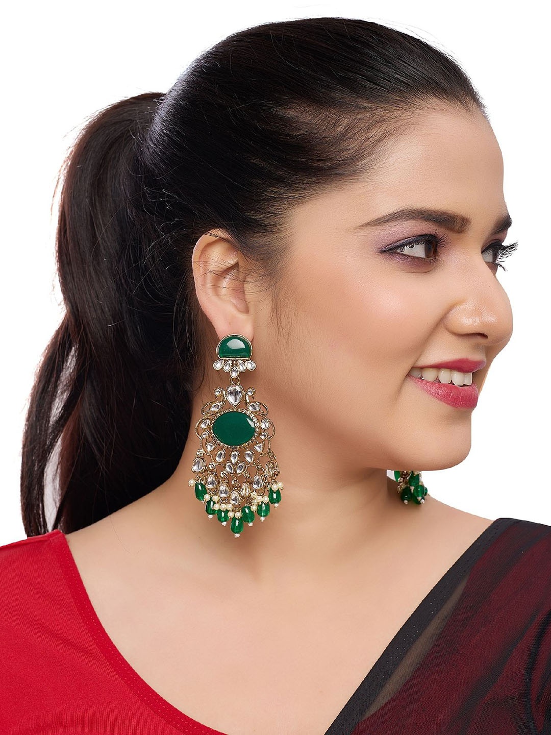 

Rhymee Gold-Plated Contemporary Kundan & Beaded Drop Earrings, Green