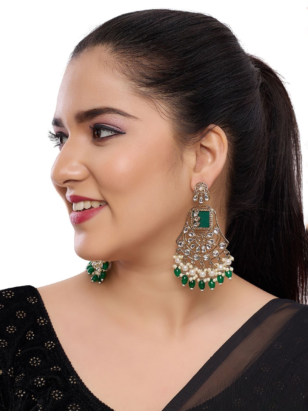 

Rhymee Gold Plated Kundan Drop Earrings, Green