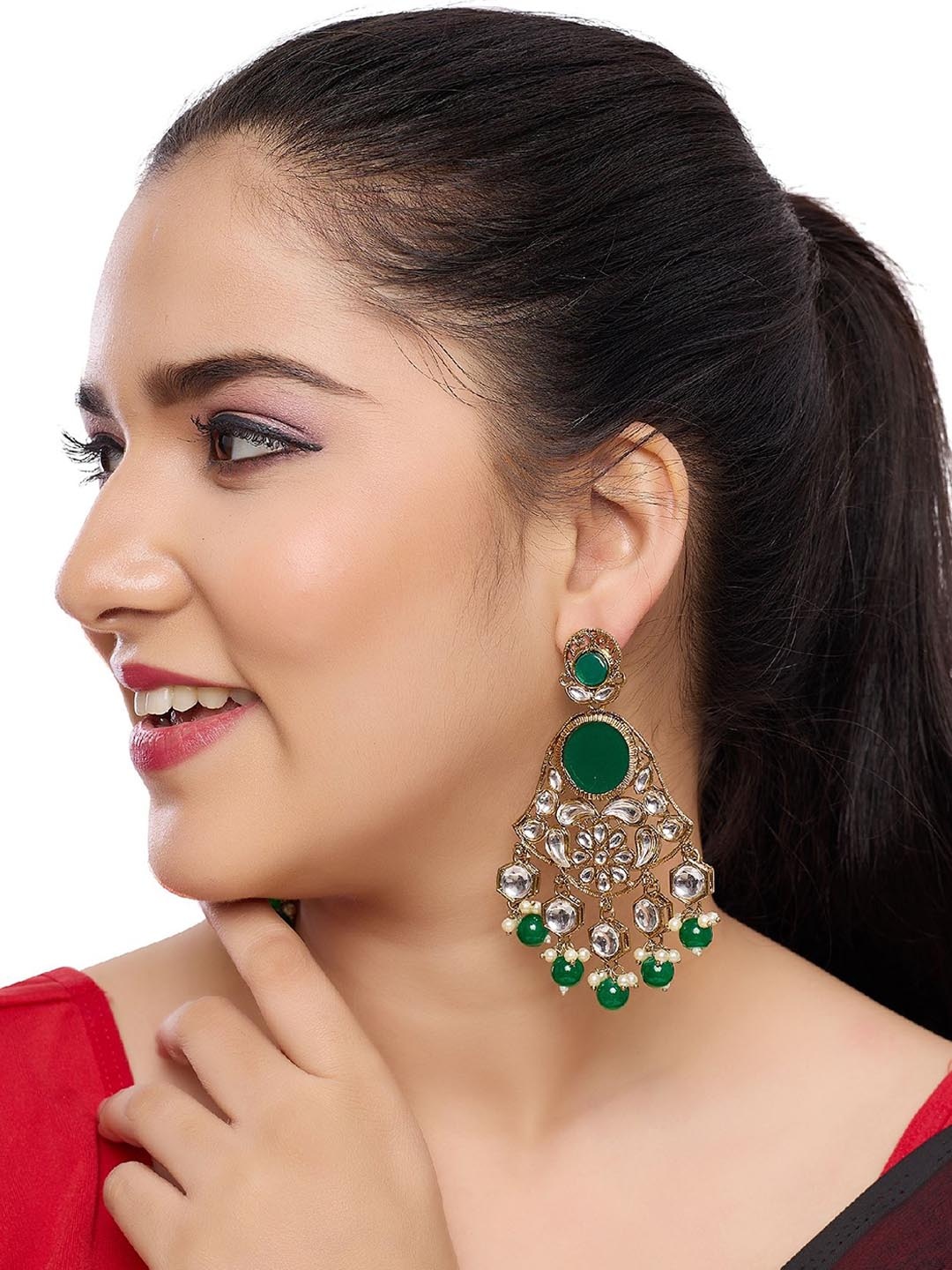 

Rhymee Gold-Plated Kundan Beaded Drop Earrings, Green