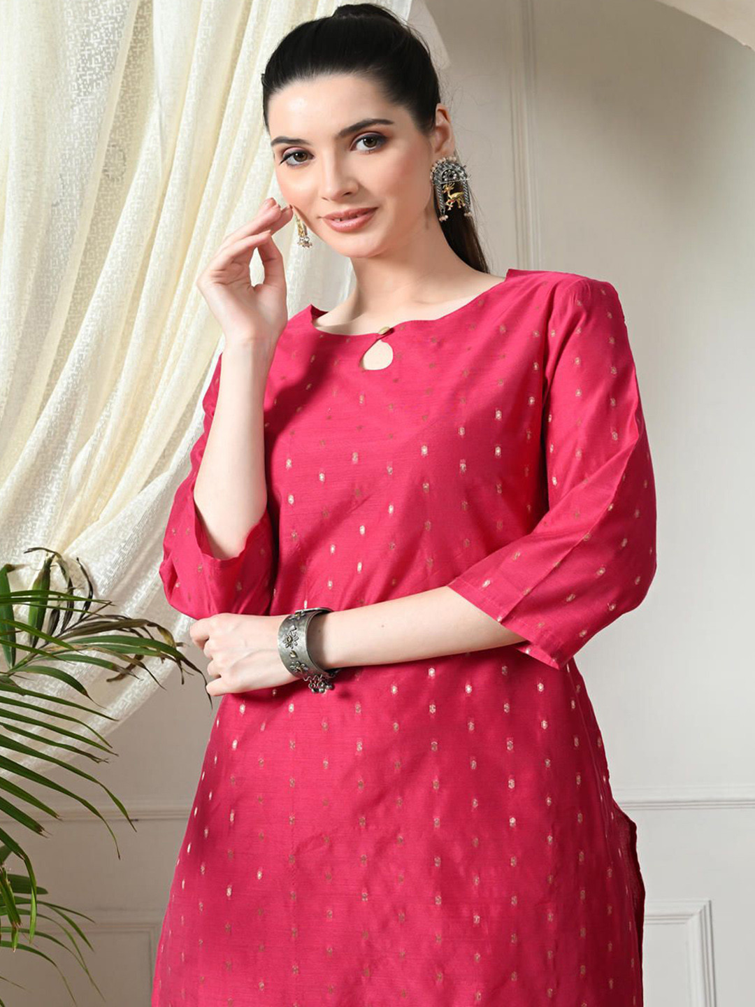 

TOP 30 Ethnic Motifs Embroidered Straight Chanderi Cotton Kurta with Trousers, Pink
