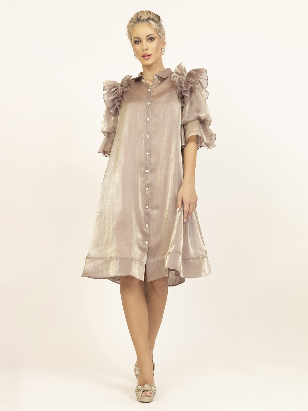 

LELA Bell Sleeve Ruffled Shirt Dress, Beige