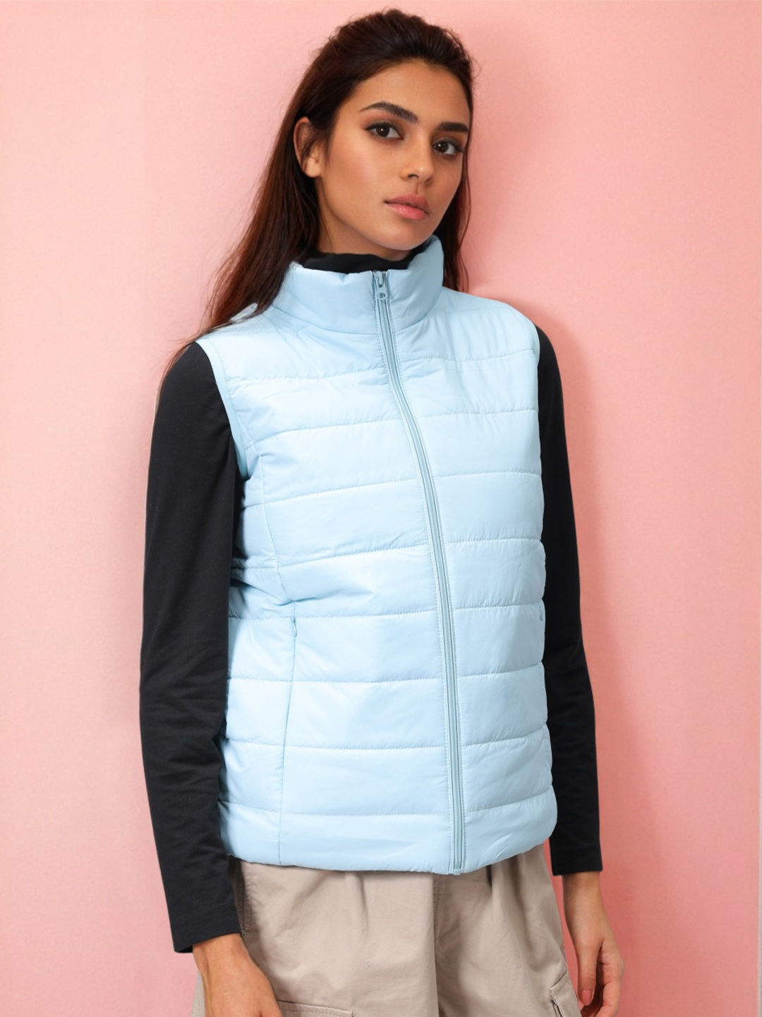 

Freehand by The Indian Garage Co Women Mock Collar Solid Casual Quilted Jacket, Teal