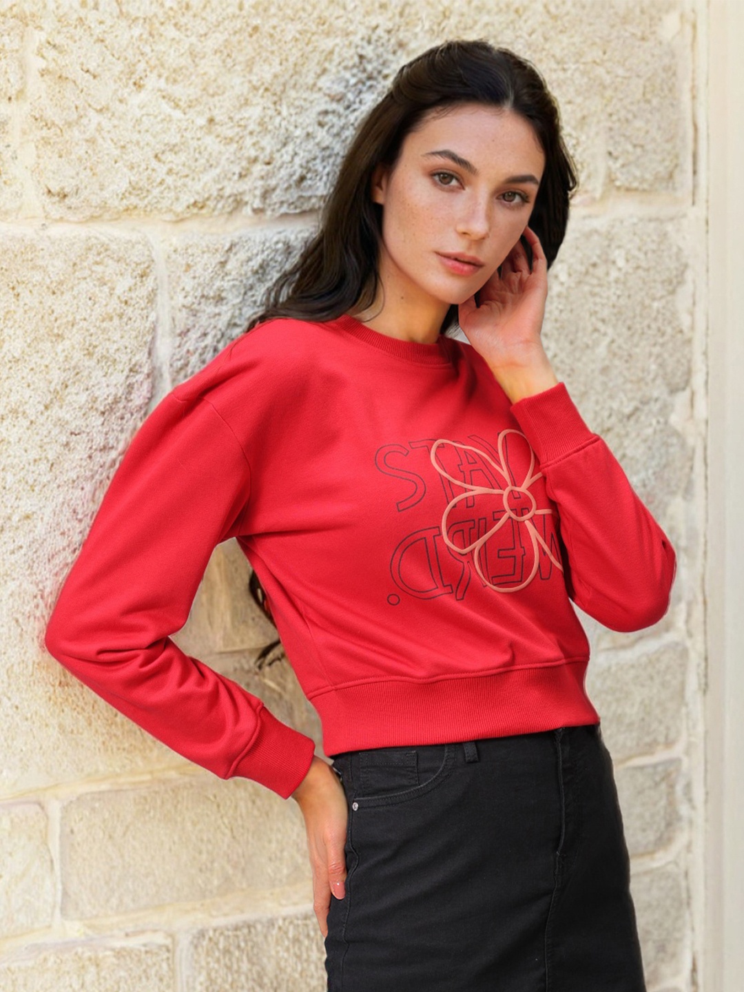 

Freehand by The Indian Garage Co Women Printed Cotton Round Neck Long sleeves Sweatshirt, Red