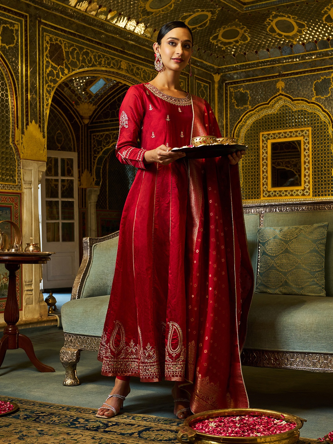

W Red Floral Embroidered Round Neck Three-Quarter Sleeves Kurta With Trouser With Dupatta