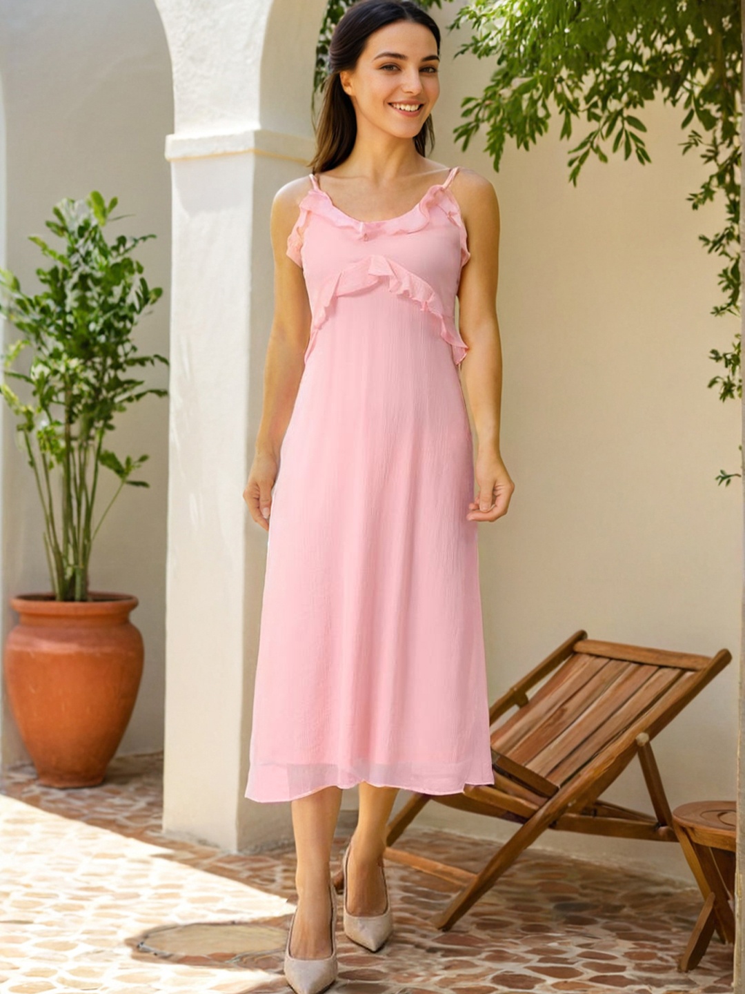 

Freehand by The Indian Garage Co Shoulder Straps A-Line Midi Dress, Pink