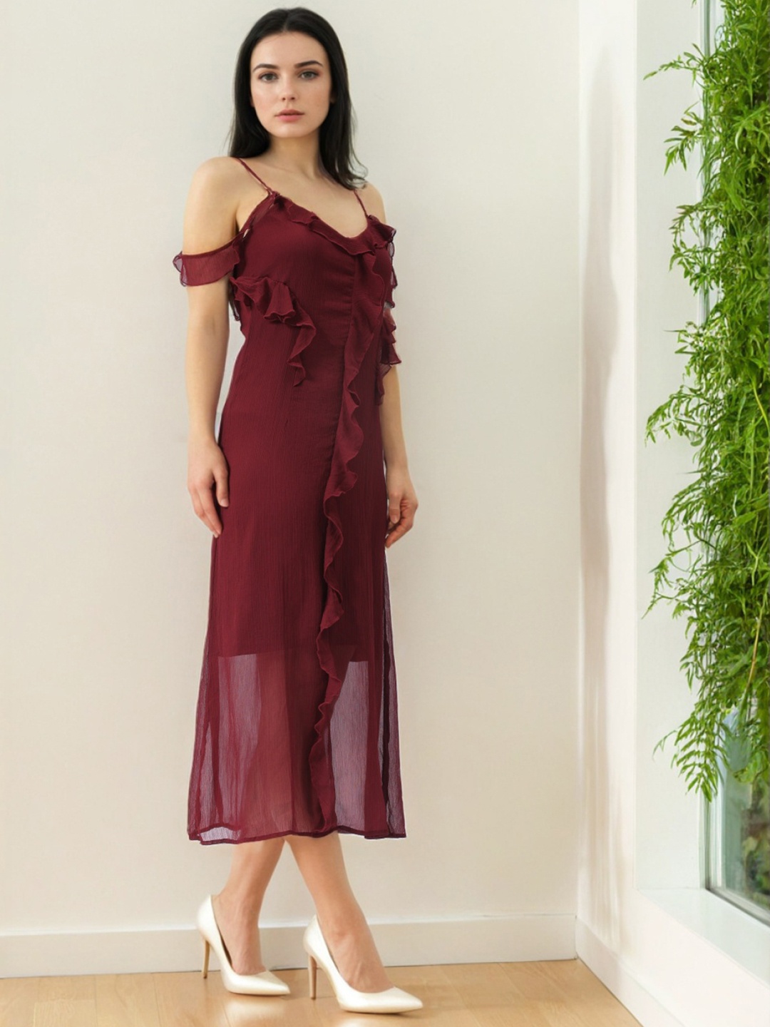 

Freehand by The Indian Garage Co Women A-Line Midi Dress, Burgundy