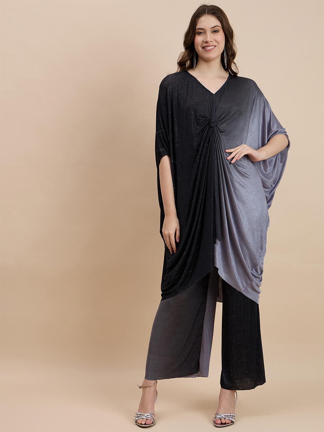 

DRAPE AND DAZZLE Knot Detail Ombre Tunic With Trouser Co-Ords, Black