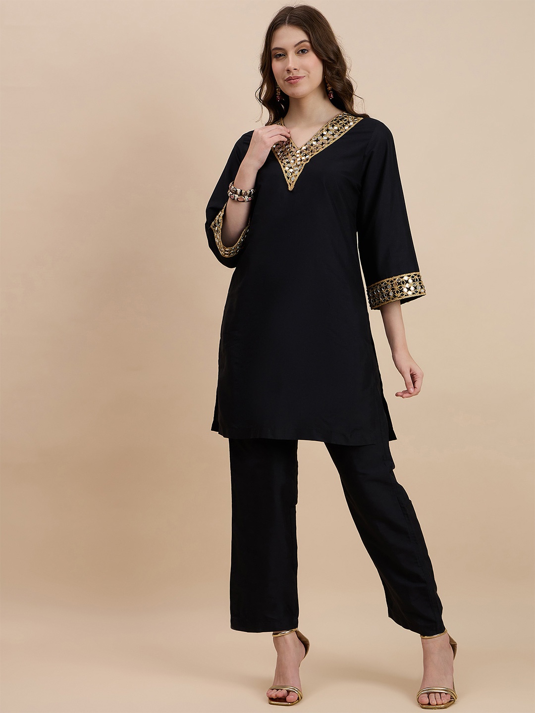 

DRAPE AND DAZZLE Mirror Work Tunic With Trouser Co-Ords, Black
