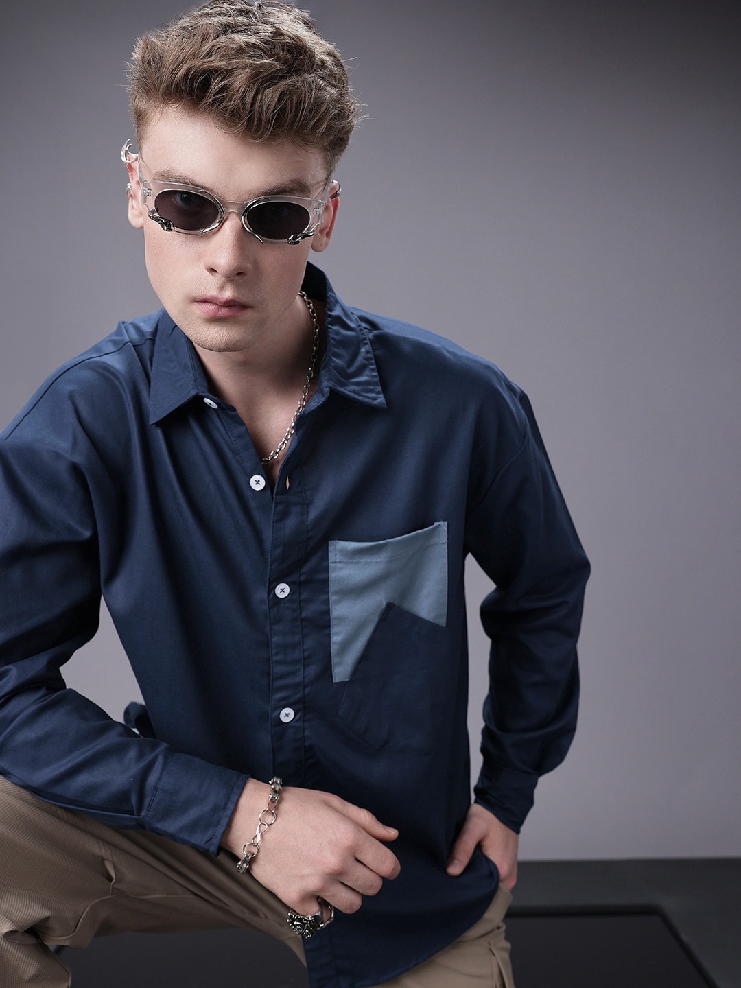 

SOKO STREET Relaxed Fit Drop-Shoulder Sleeves Casual Shirt, Navy blue