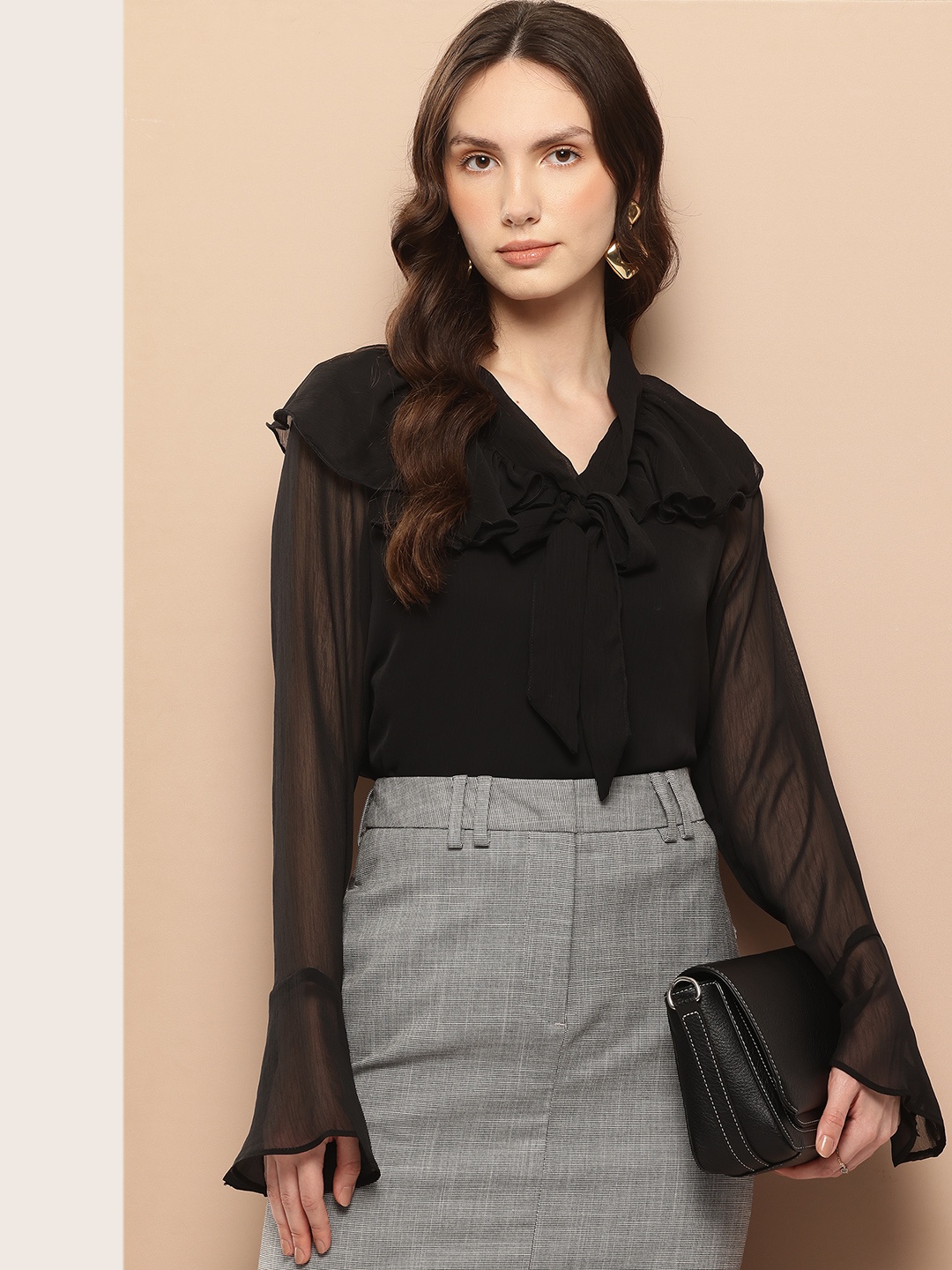 

her by invictus Tie-Up Neck Bell Sleeves Sheer Georgette Top with Ruffles, Black