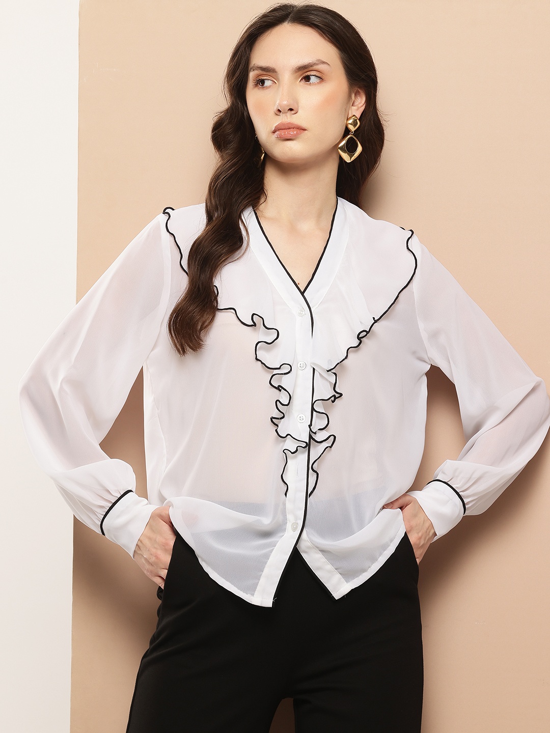 

her by invictus Ruffled Detail Cuffed Sleeves Sheer Georgette Shirt Style Top, White