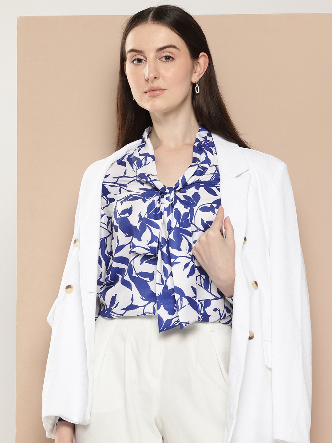 

her by invictus Floral Print Tie-Up Neck Top, Off white