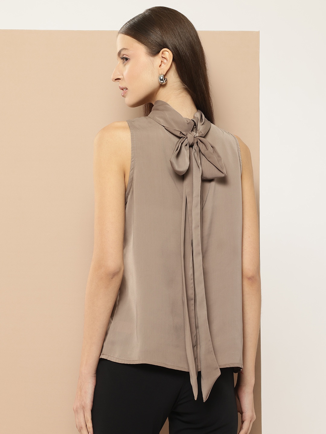 

her by invictus Tie-Up Detail High-Neck Satin Top, Brown