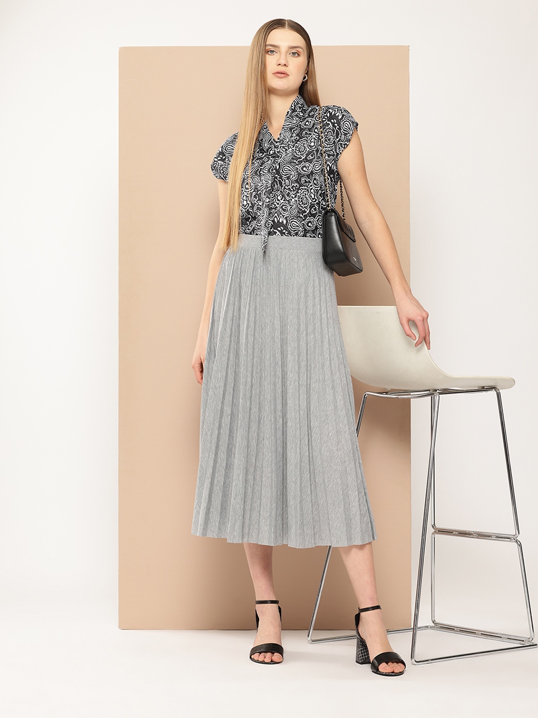 

her by invictus Ethnic Motifs Printed Extended Sleeves Shirt Style Top, Charcoal