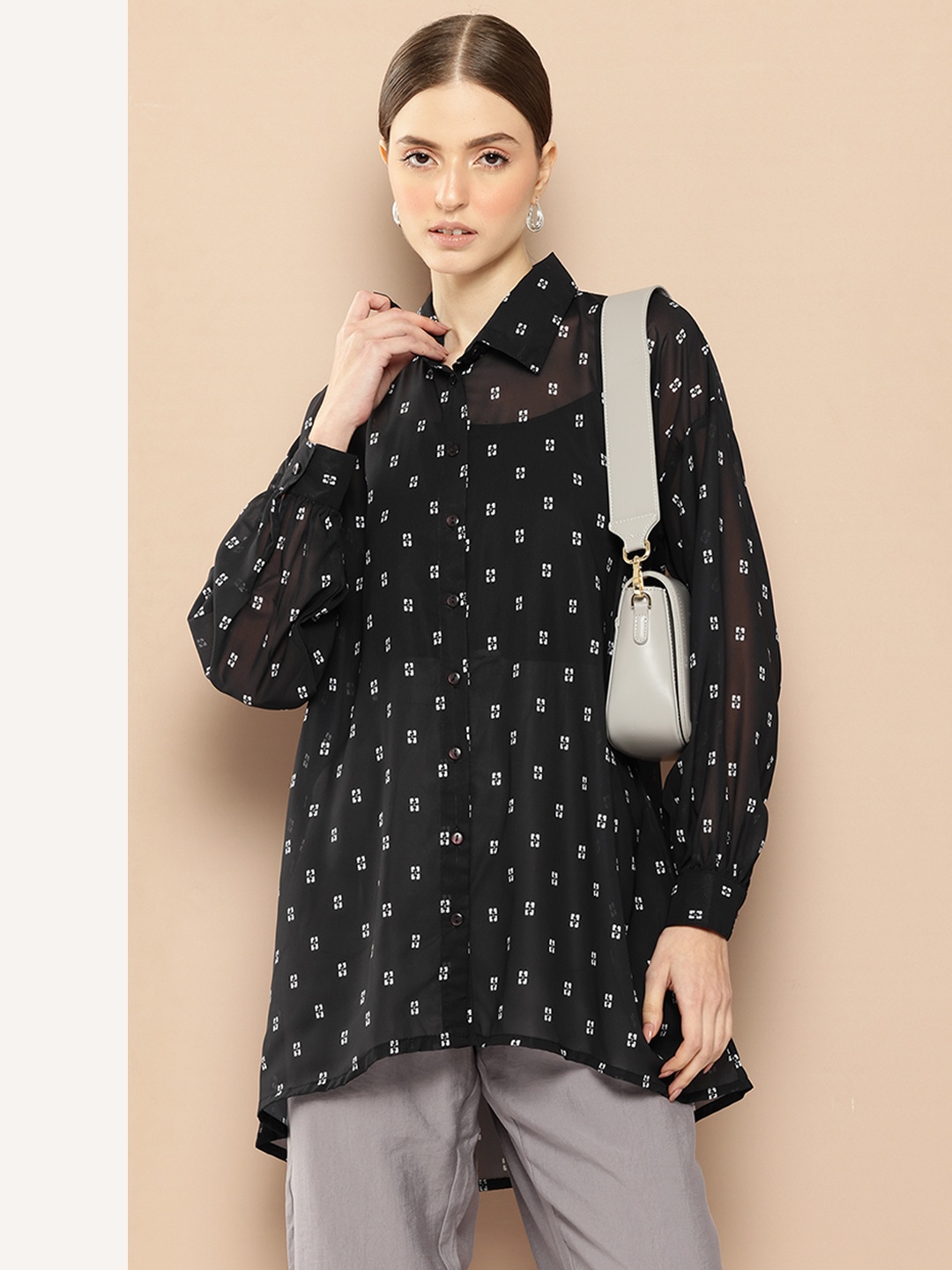 

her by invictus Printed Sheer Longline Shirt, Black