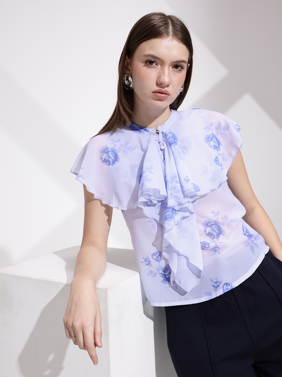 

her by invictus Floral Print Mandarin Collar Ruffles Top, Lavender