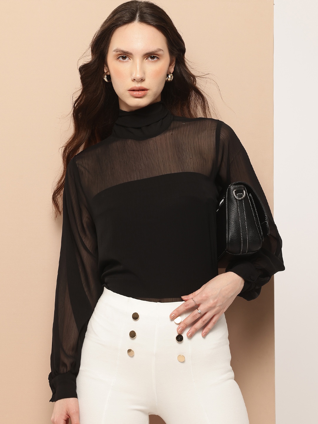 

her by invictus Sheer Tie-Up Neck Top, Grey