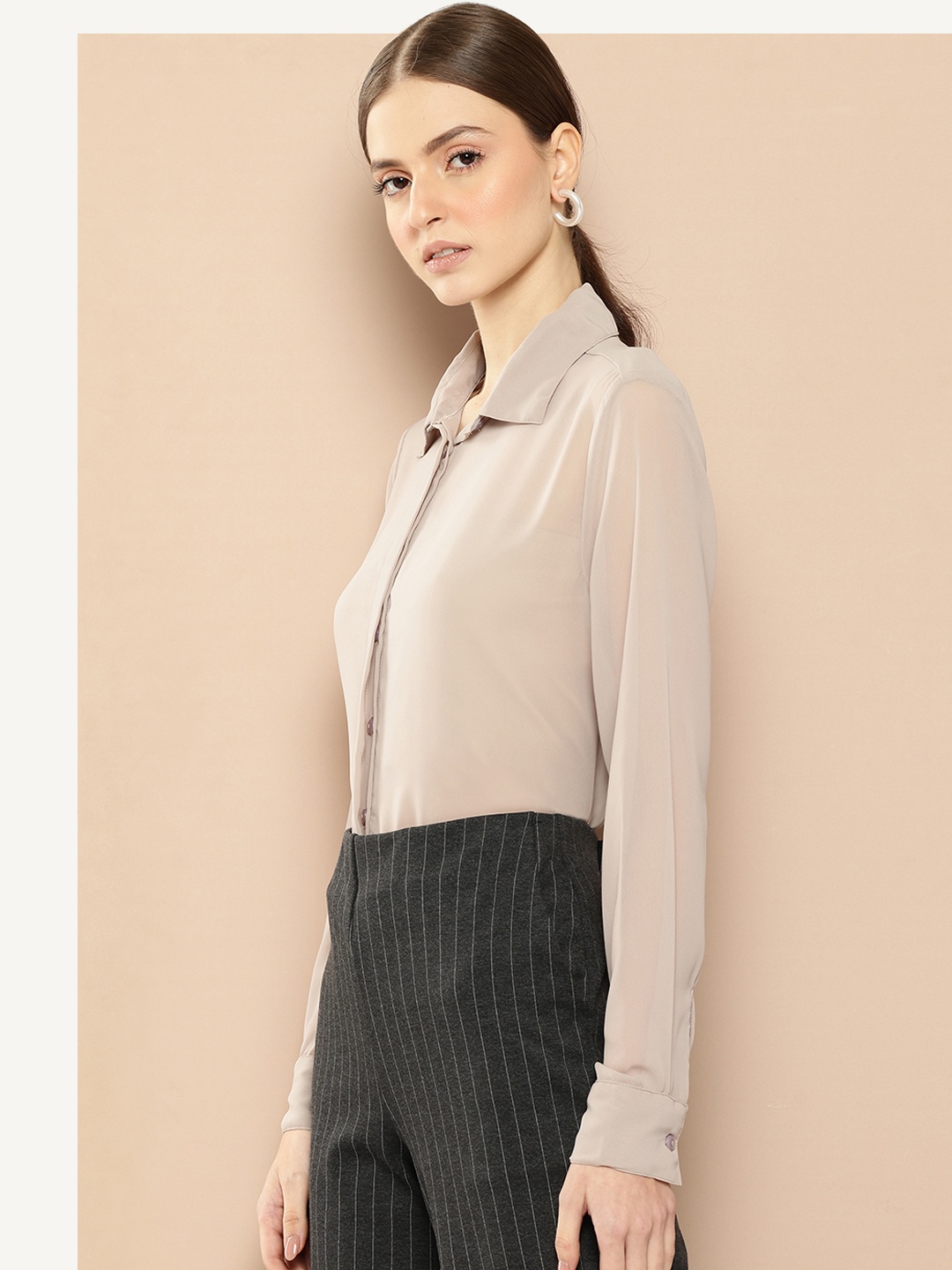 

her by invictus Semi Sheer Casual Shirt, Taupe